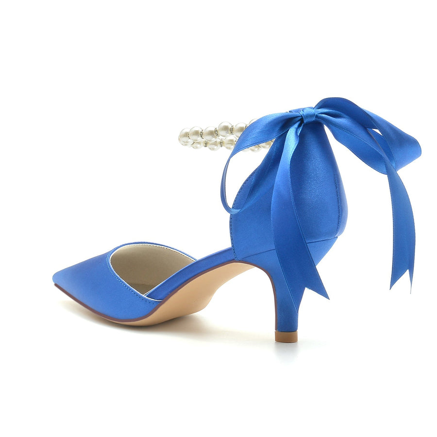 Damen Seidensatin mit Schnürung Perlen Knöchelriemen Geschlossene Zehen Stiletto Absatz Party Schuhe