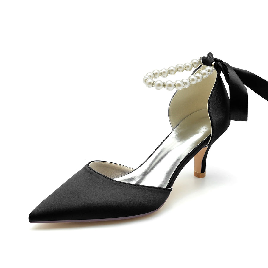 Damen Seidensatin mit Schnürung Perlen Knöchelriemen Geschlossene Zehen Stiletto Absatz Party Schuhe