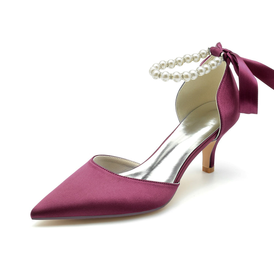 Damen Seidensatin mit Schnürung Perlen Knöchelriemen Geschlossene Zehen Stiletto Absatz Party Schuhe