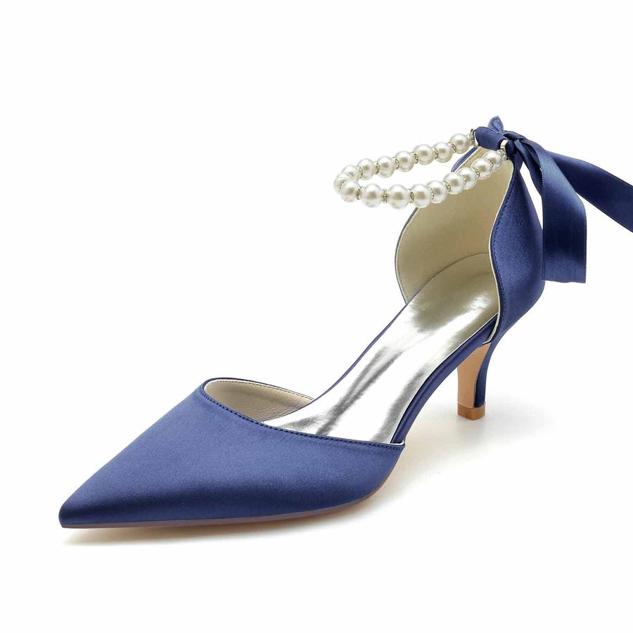 Damen Seidensatin mit Schnürung Perlen Knöchelriemen Geschlossene Zehen Stiletto Absatz Party Schuhe
