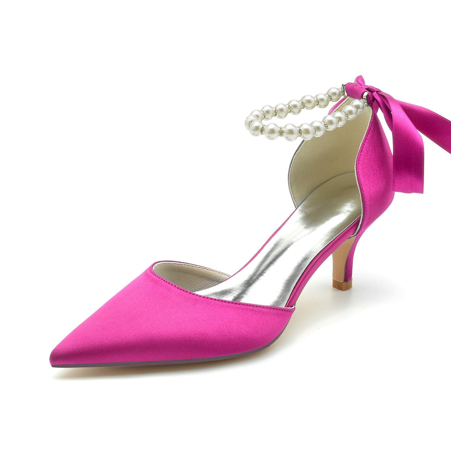 Damen Seidensatin mit Schnürung Perlen Knöchelriemen Geschlossene Zehen Stiletto Absatz Party Schuhe