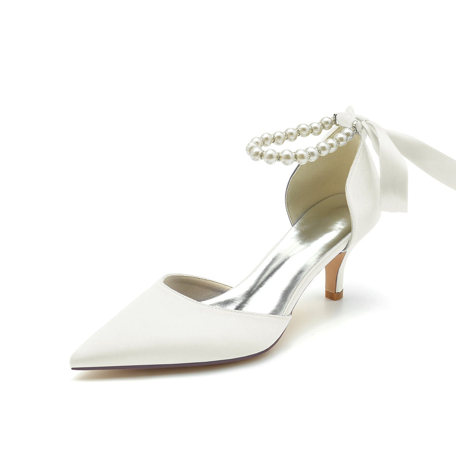 Damen Seidensatin mit Schnürung Perlen Knöchelriemen Geschlossene Zehen Stiletto Absatz Party Schuhe