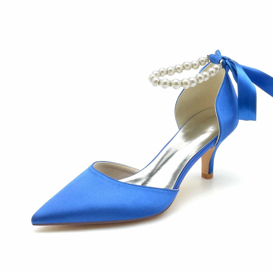 Damen Seidensatin mit Schnürung Perlen Knöchelriemen Geschlossene Zehen Stiletto Absatz Party Schuhe