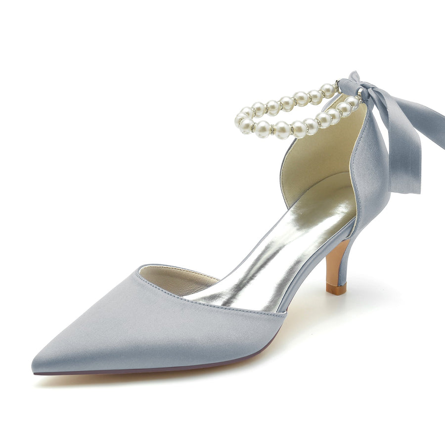 Damen Seidensatin mit Schnürung Perlen Knöchelriemen Geschlossene Zehen Stiletto Absatz Party Schuhe