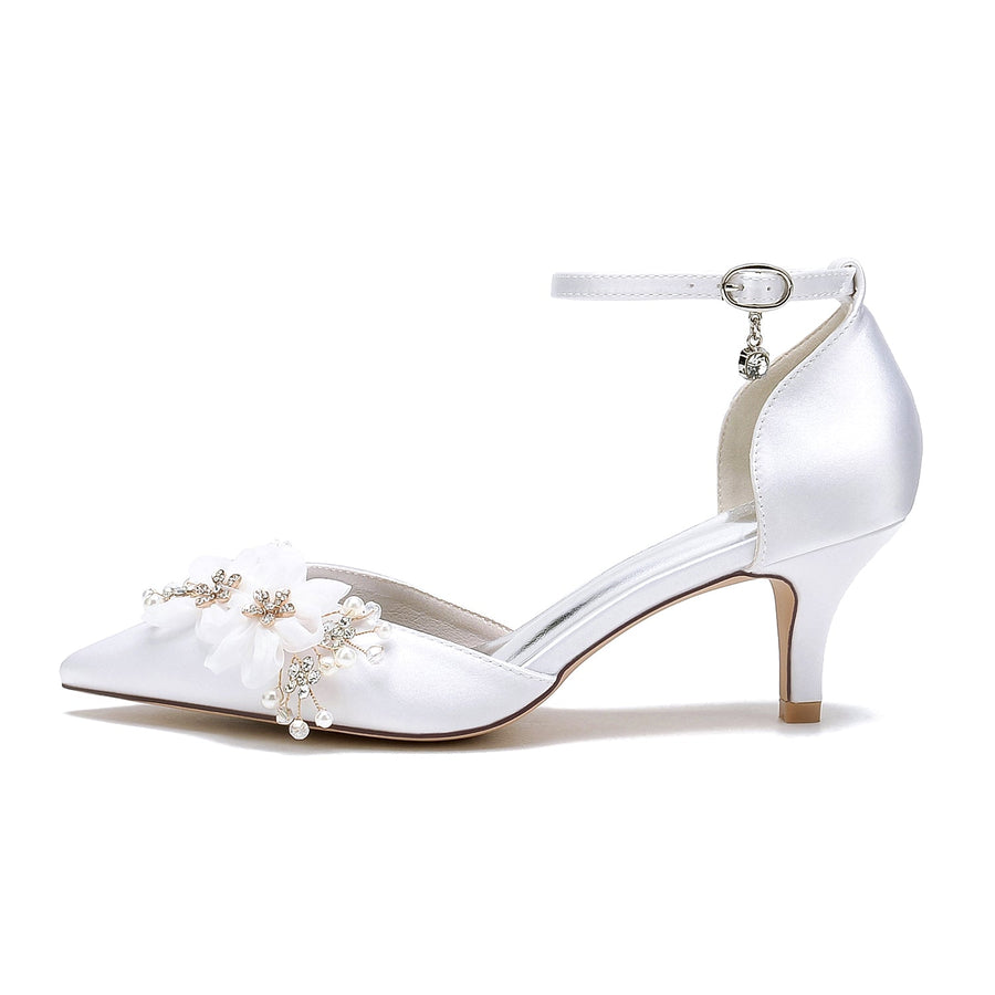 Damen Seidensatin Mit Knöchelriemen Blume Geschlossene Zehen Stilettoabsatz Abendschuhe