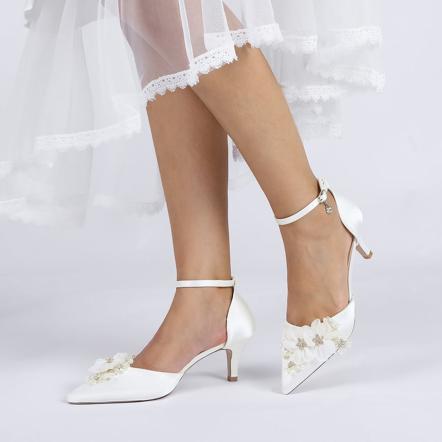 Damen Seidensatin Mit Knöchelriemen Blume Geschlossene Zehen Stilettoabsatz Abendschuhe