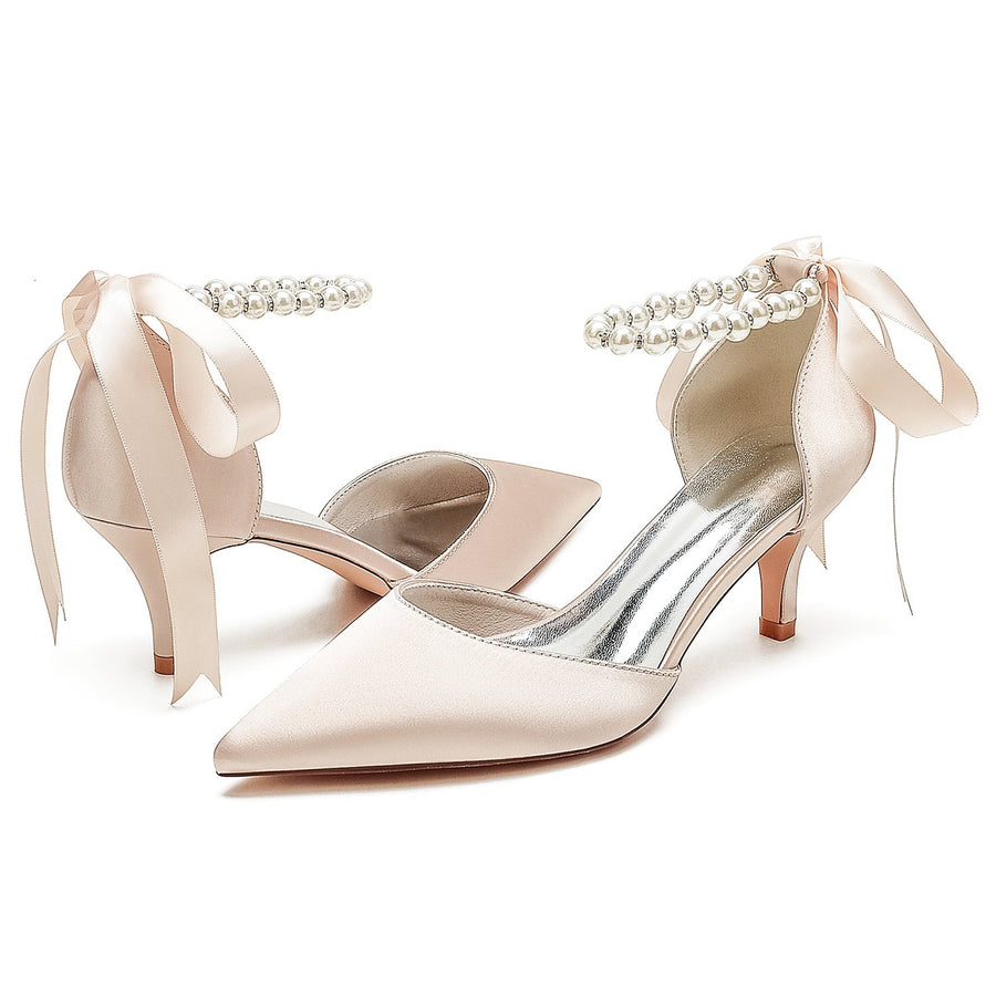 Damen Seidensatin mit Schnürung Perle Geschlossene Zehenpartie Knöchelriemen Stilettoabsatz Brautschuhe