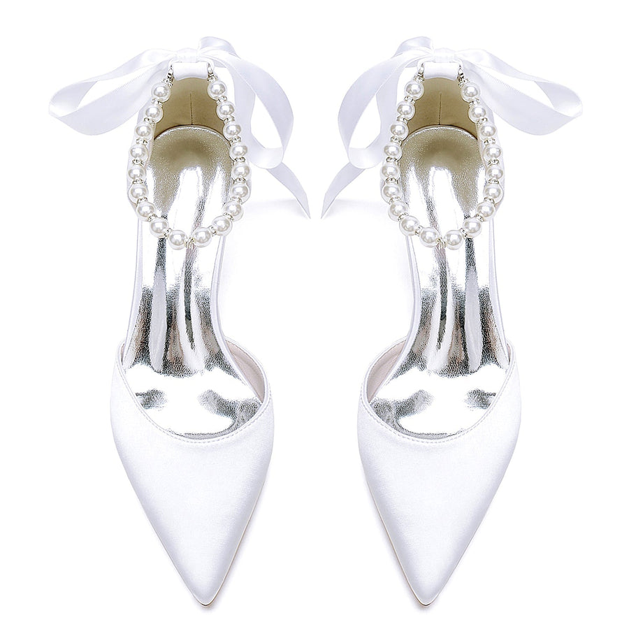 Damen Seidensatin mit Schnürung Perle Geschlossene Zehenpartie Knöchelriemen Stilettoabsatz Brautschuhe
