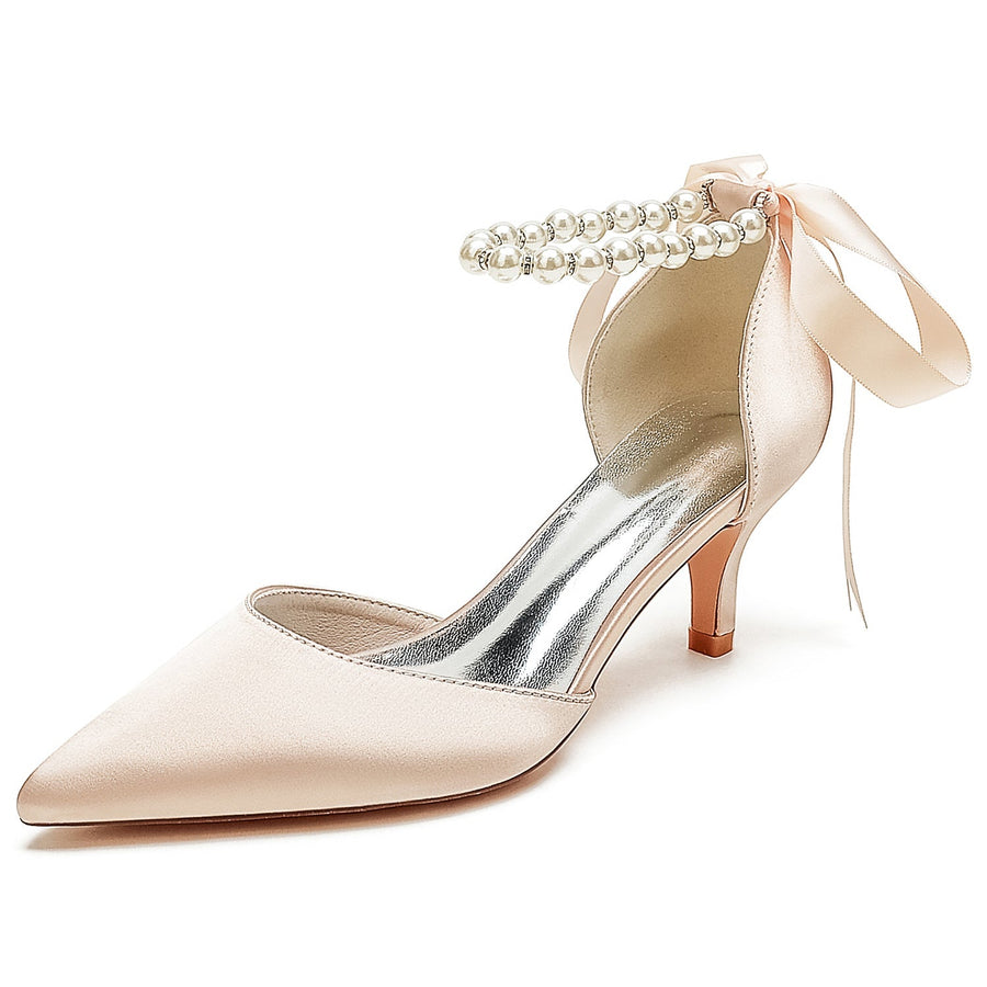Damen Seidensatin mit Schnürung Perle Geschlossene Zehenpartie Knöchelriemen Stilettoabsatz Brautschuhe