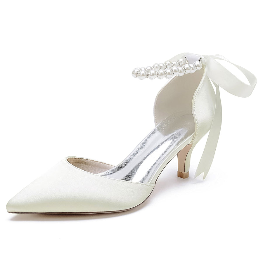 Damen Seidensatin mit Schnürung Perle Geschlossene Zehenpartie Knöchelriemen Stilettoabsatz Brautschuhe