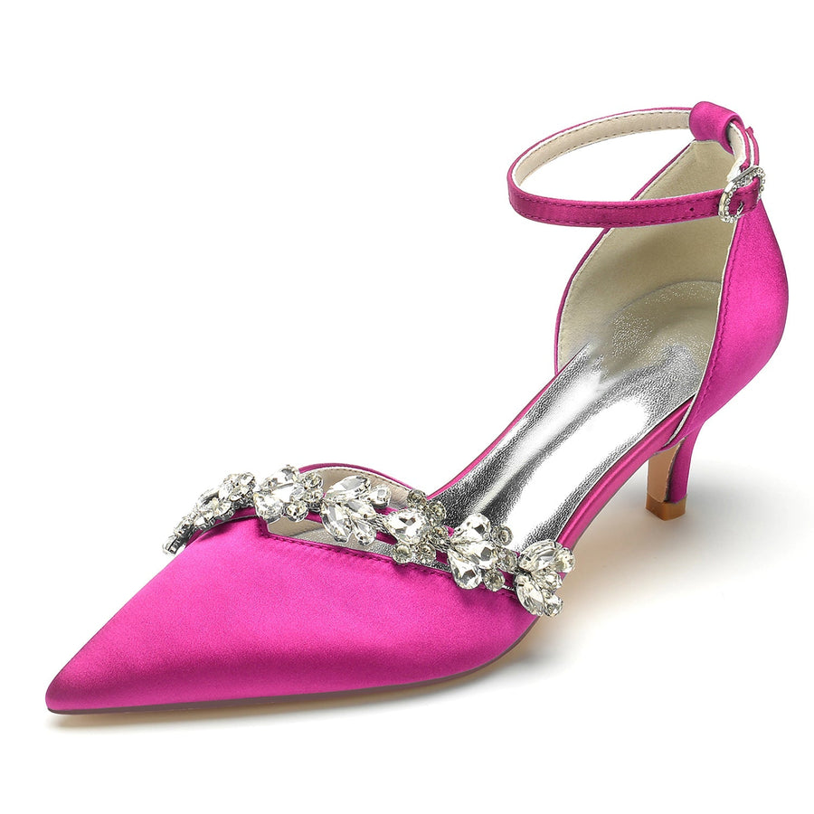 Damen Seidensatin Knöchelriemen mit Strass Stilettoabsatz Geschlossene Zehen Hochzeitsschuhe
