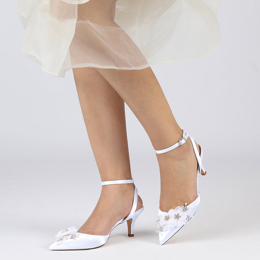 Damen Seidensatin mit Blume Geschlossene Zehenpartie Knöchelriemen Stilettoabsatz Partyschuhe