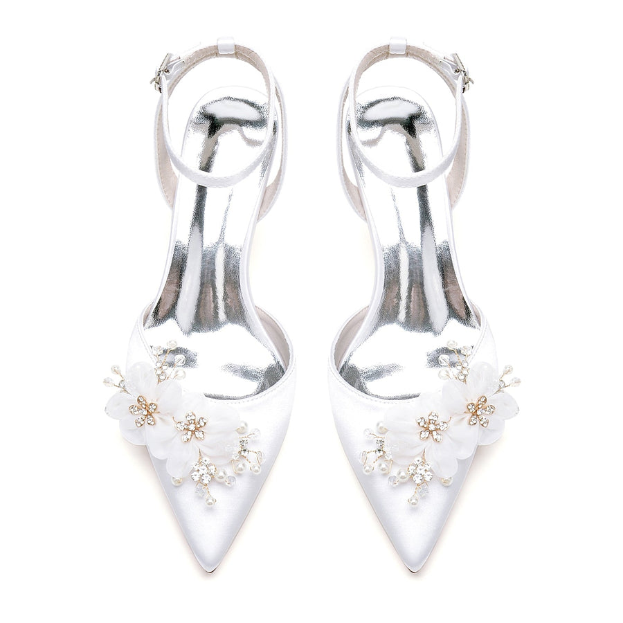 Damen Seidensatin mit Blume Geschlossene Zehenpartie Knöchelriemen Stilettoabsatz Partyschuhe
