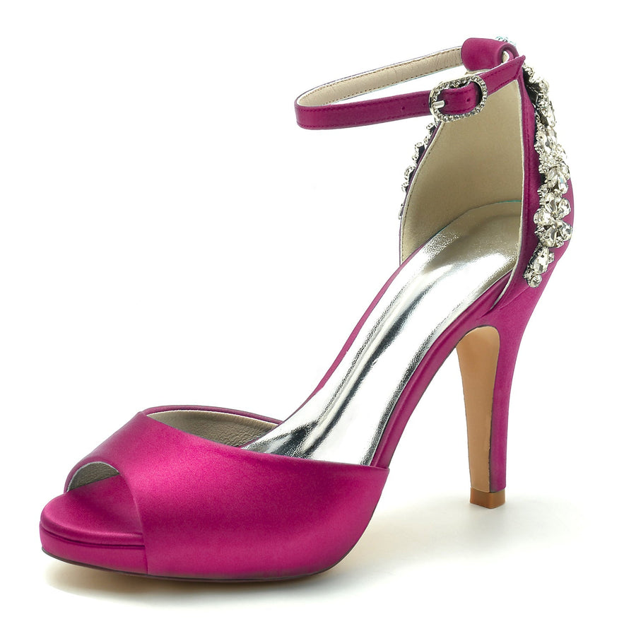 Damen Seidensatin mit Strass Stiletto-Absatz Peep Toe Knöchelriemen Abendschuhe