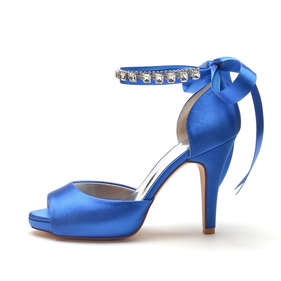 Damen Seidensatin Mit Knöchelriemen Schnürung Strass Peep Toe Stiletto Absatz Abendschuhe