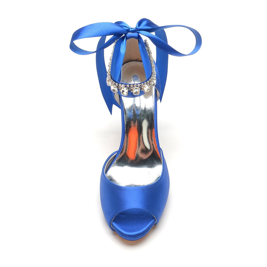 Damen Seidensatin Mit Knöchelriemen Schnürung Strass Peep Toe Stiletto Absatz Abendschuhe