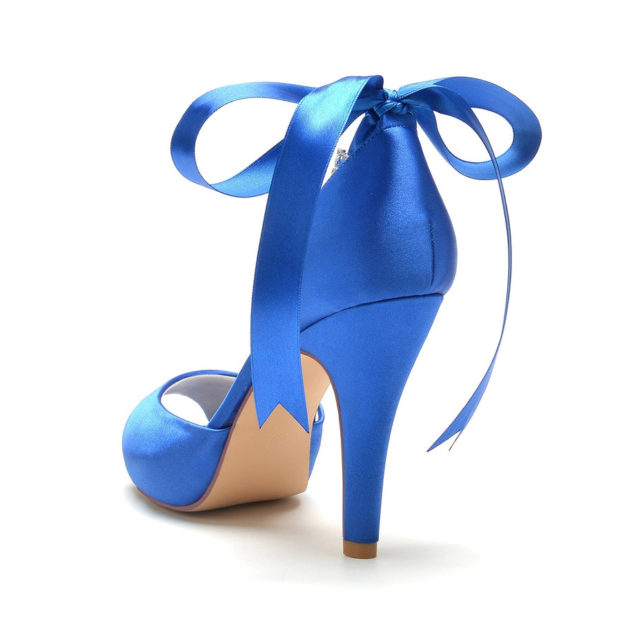 Damen Seidensatin Mit Knöchelriemen Schnürung Strass Peep Toe Stiletto Absatz Abendschuhe