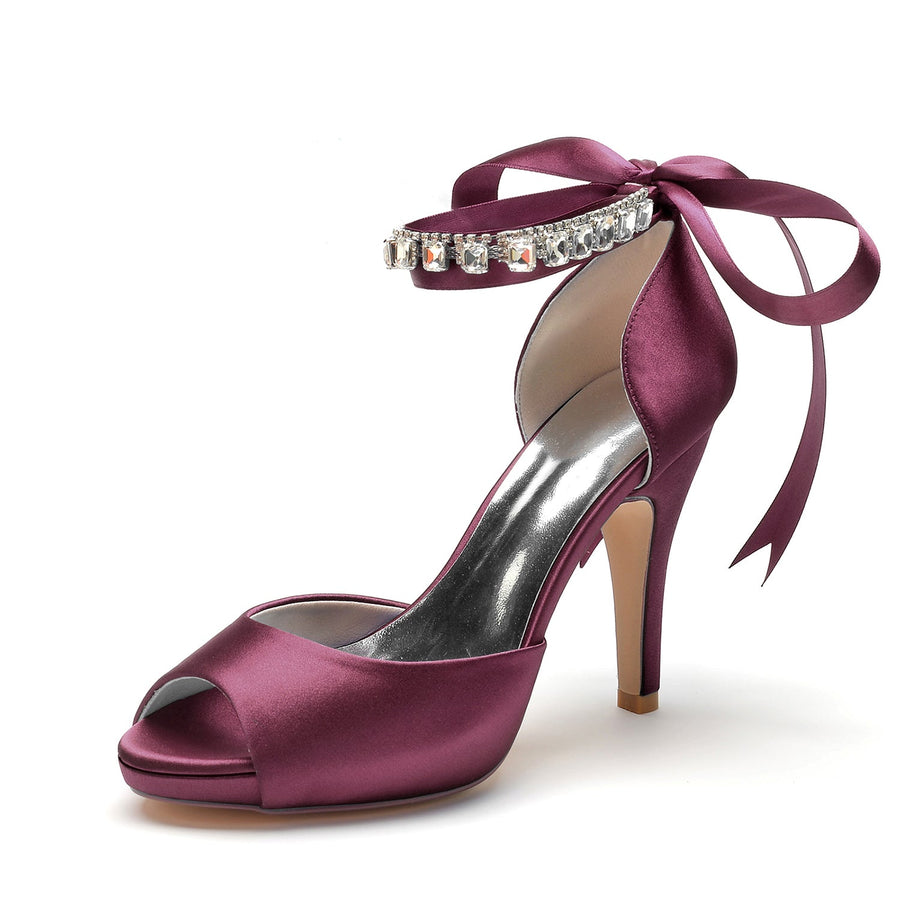 Damen Seidensatin Mit Knöchelriemen Schnürung Strass Peep Toe Stiletto Absatz Abendschuhe