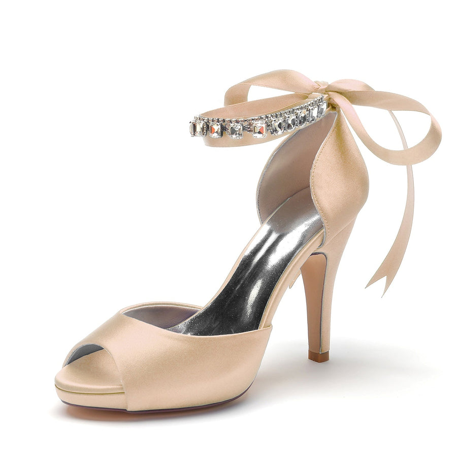 Damen Seidensatin Mit Knöchelriemen Schnürung Strass Peep Toe Stiletto Absatz Abendschuhe
