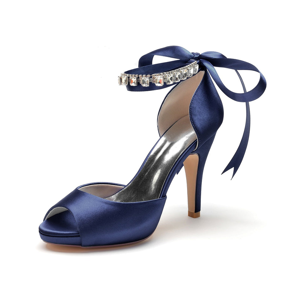 Damen Seidensatin Mit Knöchelriemen Schnürung Strass Peep Toe Stiletto Absatz Abendschuhe
