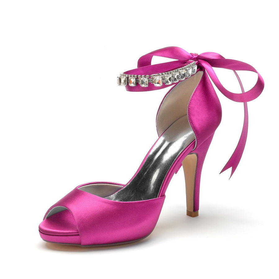 Damen Seidensatin Mit Knöchelriemen Schnürung Strass Peep Toe Stiletto Absatz Abendschuhe