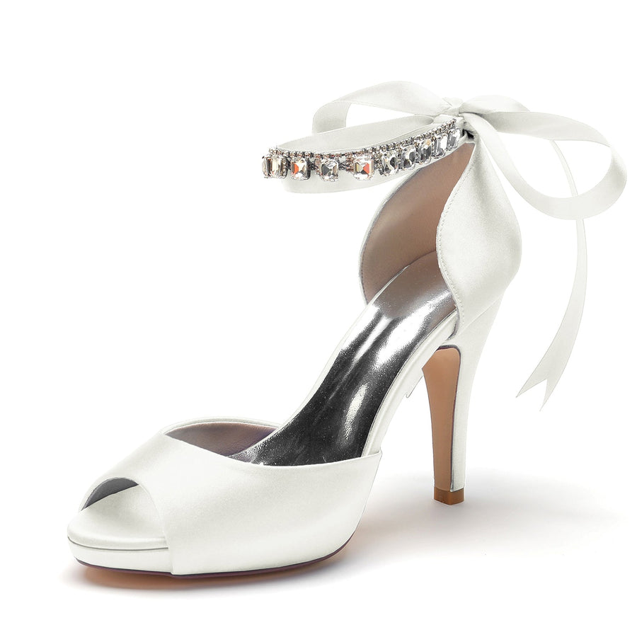 Damen Seidensatin Mit Knöchelriemen Schnürung Strass Peep Toe Stiletto Absatz Abendschuhe