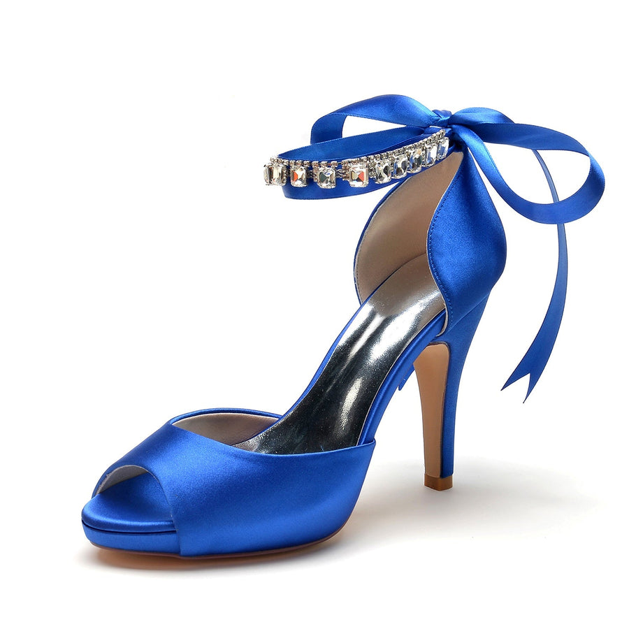 Damen Seidensatin Mit Knöchelriemen Schnürung Strass Peep Toe Stiletto Absatz Abendschuhe