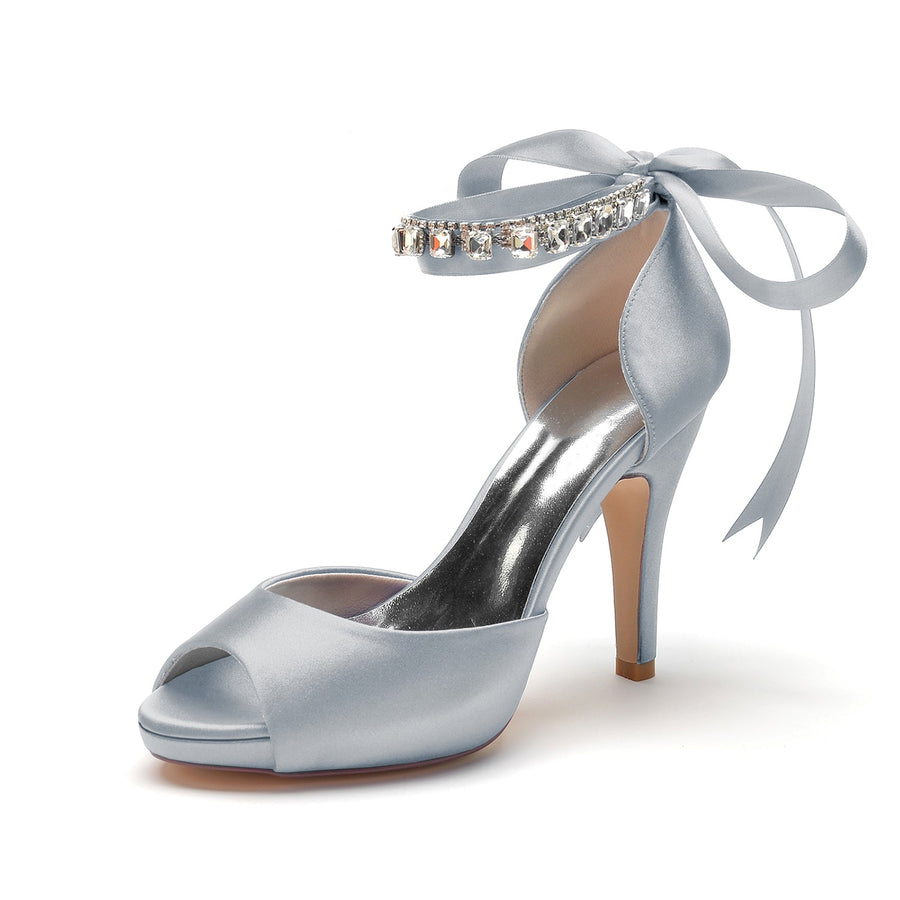 Damen Seidensatin Mit Knöchelriemen Schnürung Strass Peep Toe Stiletto Absatz Abendschuhe