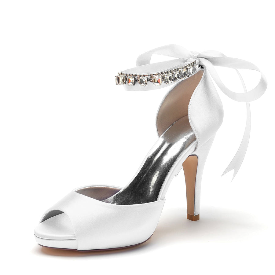 Damen Seidensatin Mit Knöchelriemen Schnürung Strass Peep Toe Stiletto Absatz Abendschuhe