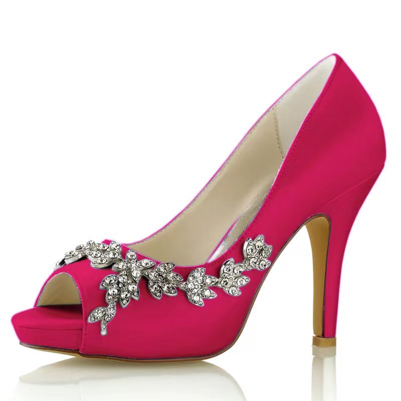 Damen Seidensatin mit Blumen Strass Peep Toe Stiletto Heel Brautschuhe