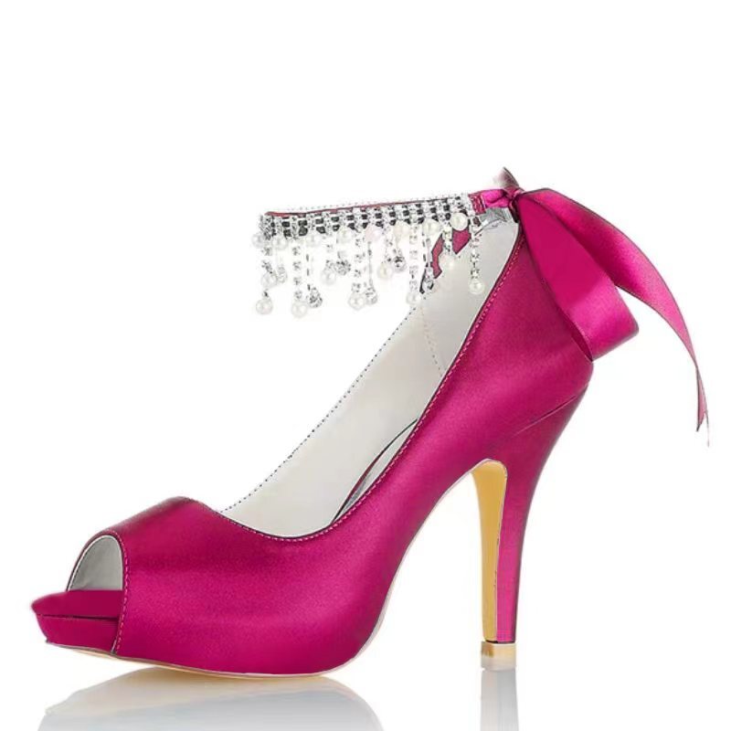 Damen Seidensatin mit Knöchelriemen Schnürung Strass Quaste Peep Toe Stiletto Absatz Brautschuhe
