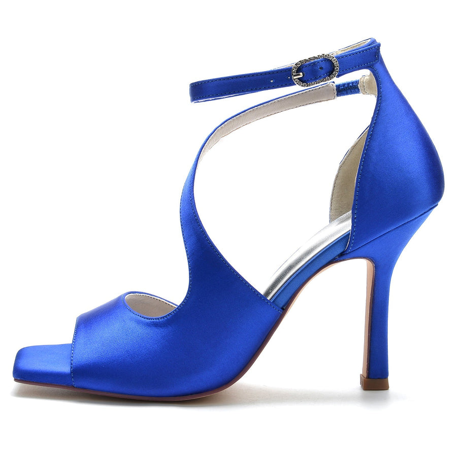 Damen Seidensatin Mit Knöchelriemen Peep Toe Stiletto Absatz Party Schuhe
