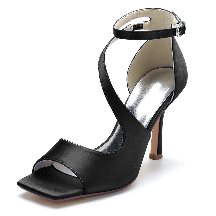 Damen Seidensatin Mit Knöchelriemen Peep Toe Stiletto Absatz Party Schuhe