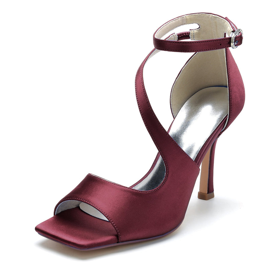 Damen Seidensatin Mit Knöchelriemen Peep Toe Stiletto Absatz Party Schuhe