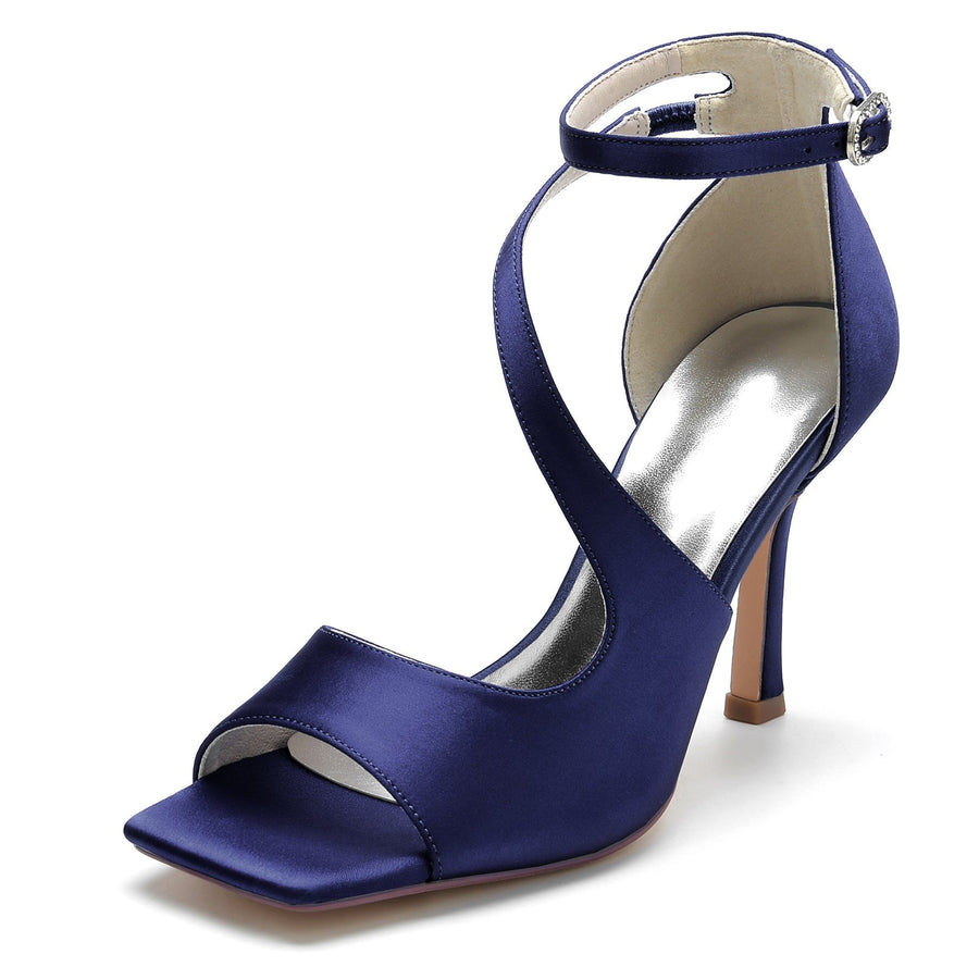 Damen Seidensatin Mit Knöchelriemen Peep Toe Stiletto Absatz Party Schuhe
