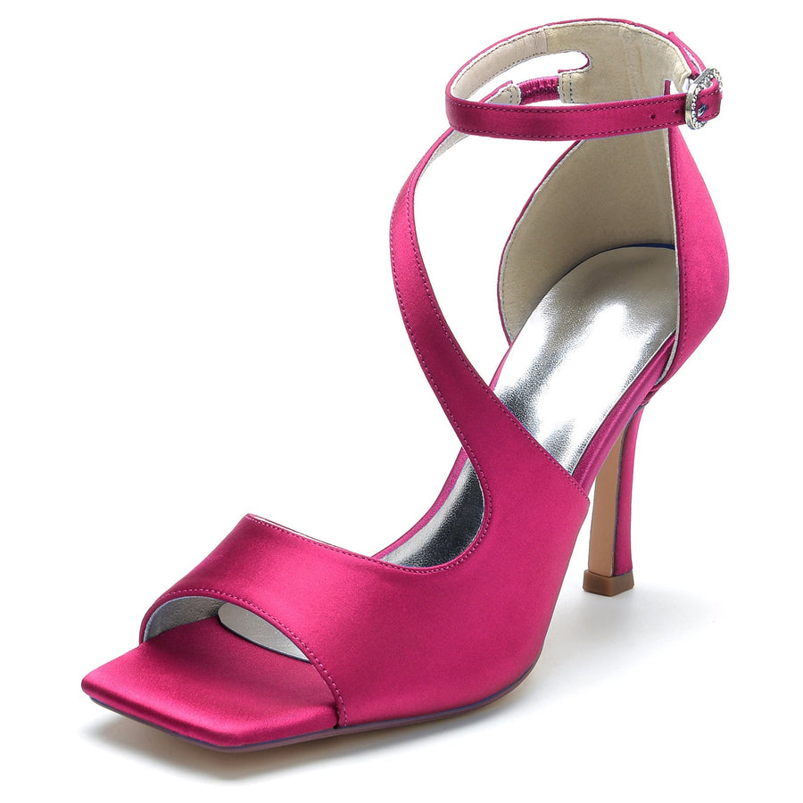 Damen Seidensatin Mit Knöchelriemen Peep Toe Stiletto Absatz Party Schuhe