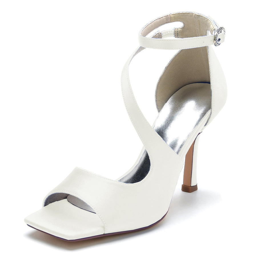 Damen Seidensatin Mit Knöchelriemen Peep Toe Stiletto Absatz Party Schuhe