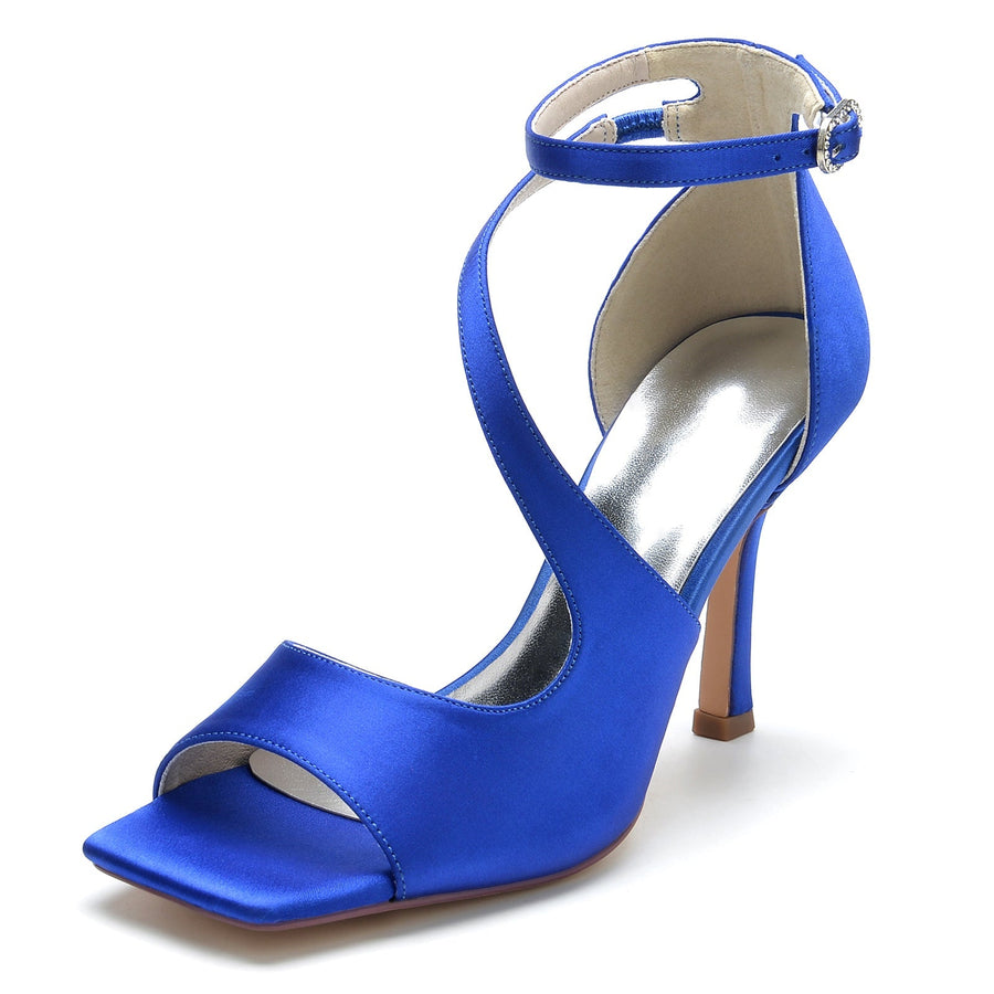 Damen Seidensatin Mit Knöchelriemen Peep Toe Stiletto Absatz Party Schuhe