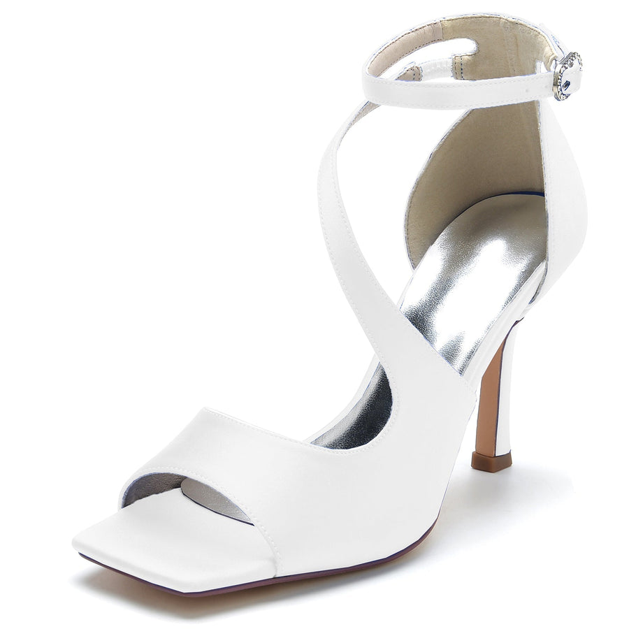 Damen Seidensatin Mit Knöchelriemen Peep Toe Stiletto Absatz Party Schuhe