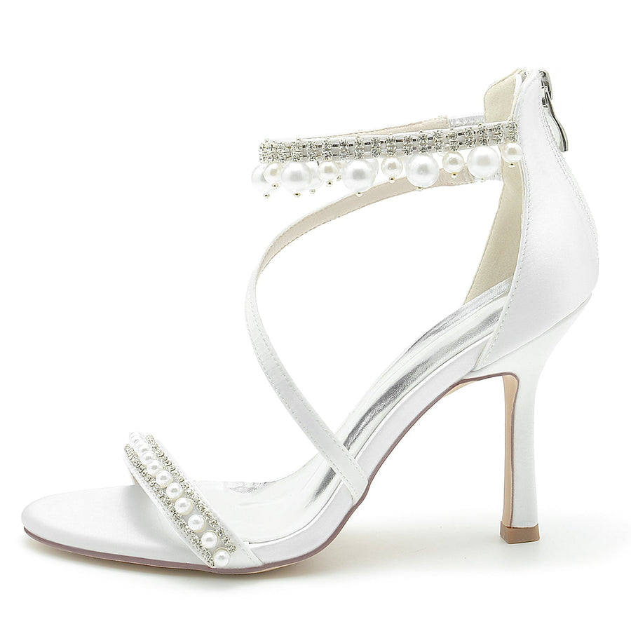 Damen Seidensatin Mit Knöchelriemen Perle Strass Quaste Peep Toe Stiletto Absatz Party Schuhe