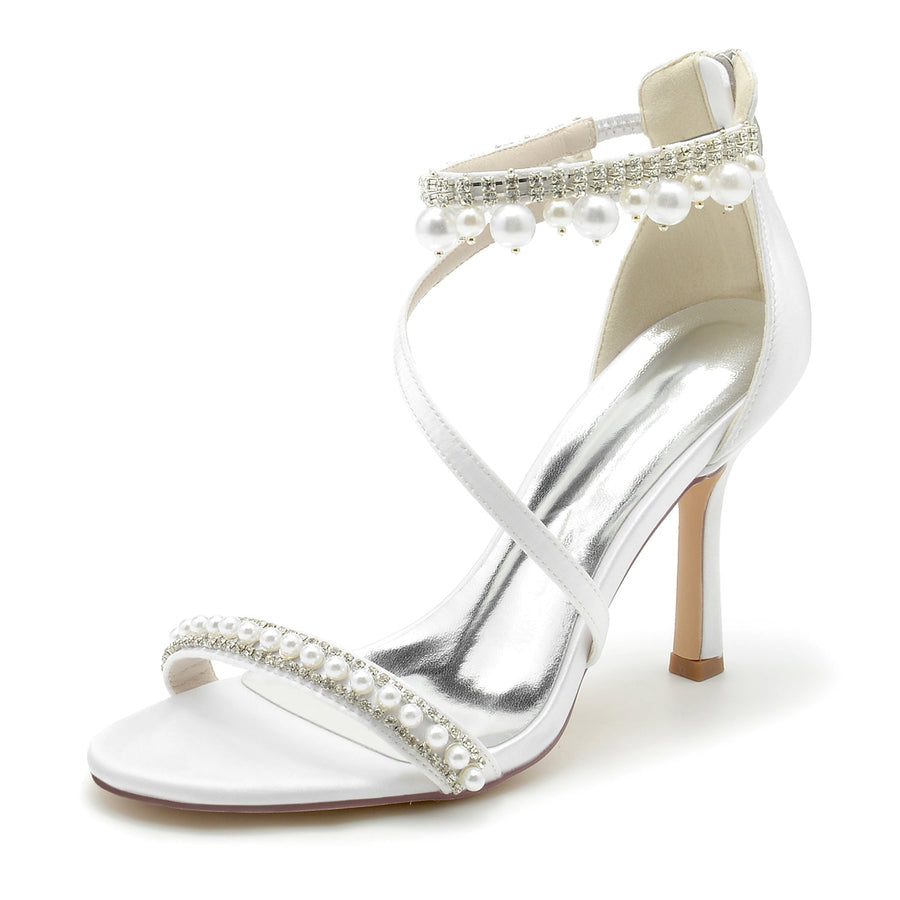 Damen Seidensatin Mit Knöchelriemen Perle Strass Quaste Peep Toe Stiletto Absatz Party Schuhe