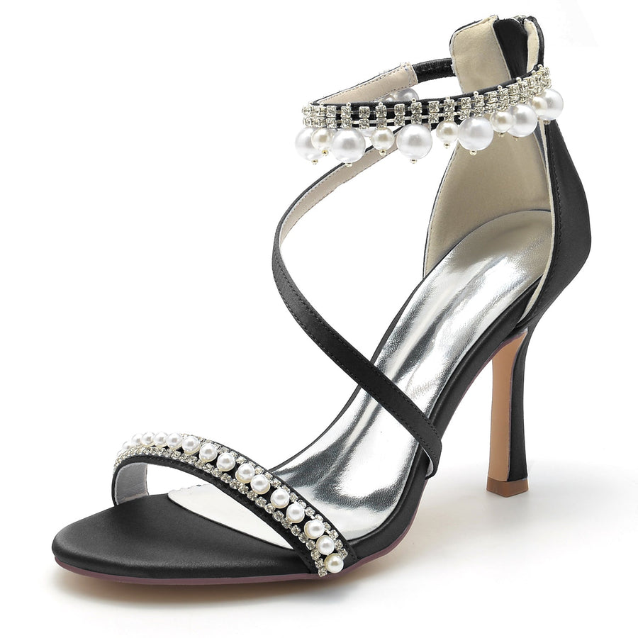 Damen Seidensatin Mit Knöchelriemen Perle Strass Quaste Peep Toe Stiletto Absatz Party Schuhe