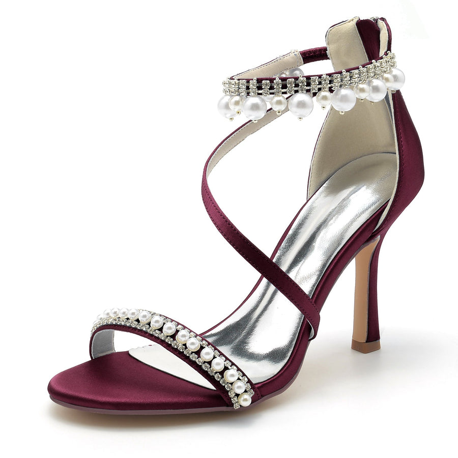 Damen Seidensatin Mit Knöchelriemen Perle Strass Quaste Peep Toe Stiletto Absatz Party Schuhe