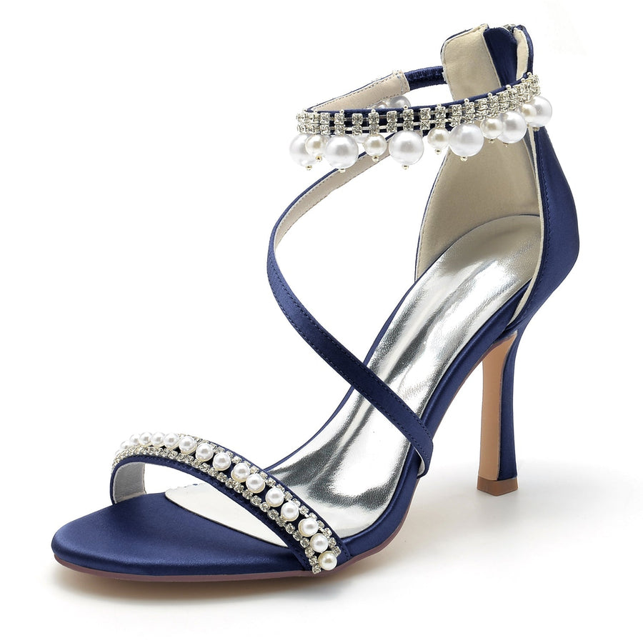 Damen Seidensatin Mit Knöchelriemen Perle Strass Quaste Peep Toe Stiletto Absatz Party Schuhe