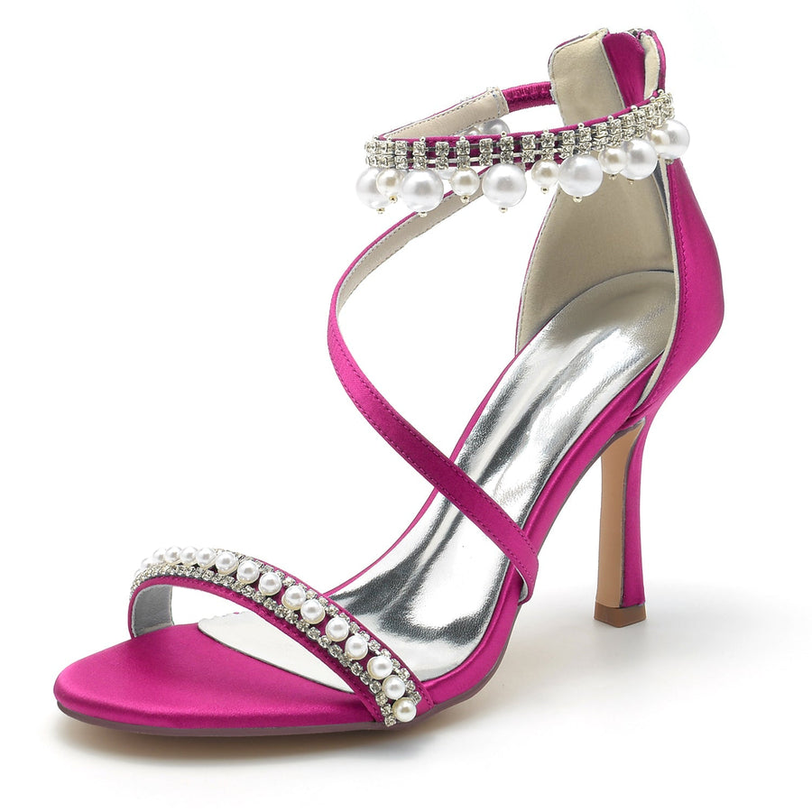 Damen Seidensatin Mit Knöchelriemen Perle Strass Quaste Peep Toe Stiletto Absatz Party Schuhe