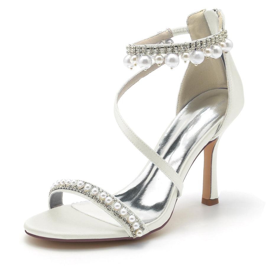 Damen Seidensatin Mit Knöchelriemen Perle Strass Quaste Peep Toe Stiletto Absatz Party Schuhe