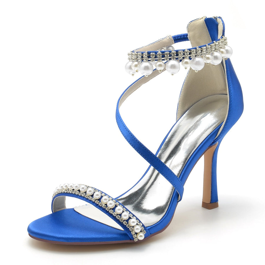 Damen Seidensatin Mit Knöchelriemen Perle Strass Quaste Peep Toe Stiletto Absatz Party Schuhe