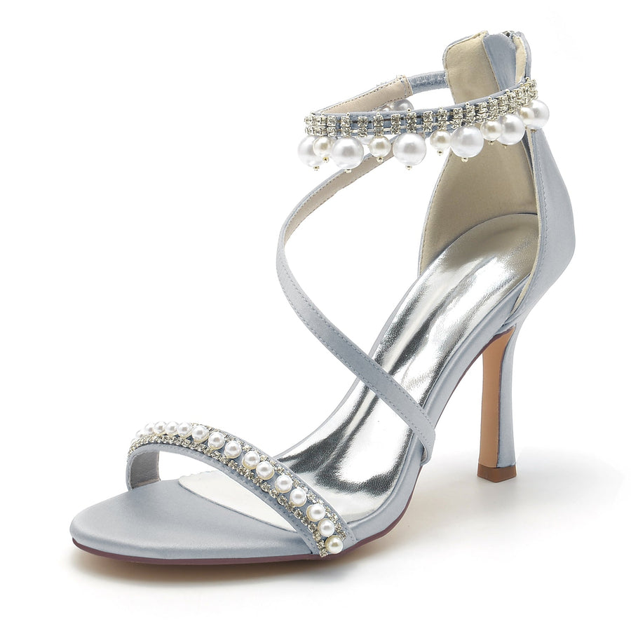 Damen Seidensatin Mit Knöchelriemen Perle Strass Quaste Peep Toe Stiletto Absatz Party Schuhe