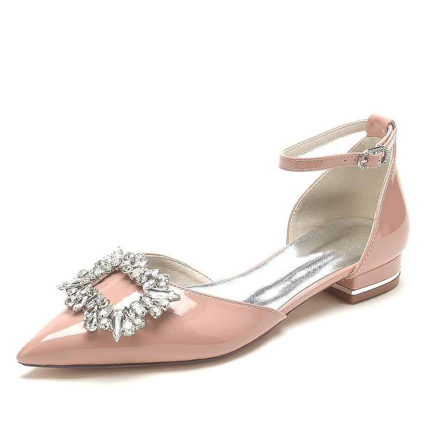 Damen-Hochzeitsschuhe mit Knöchelriemen aus Lackleder mit Spiegelfinish und Strasssteinen, geschlossene Zehenpartie, flacher Absatz