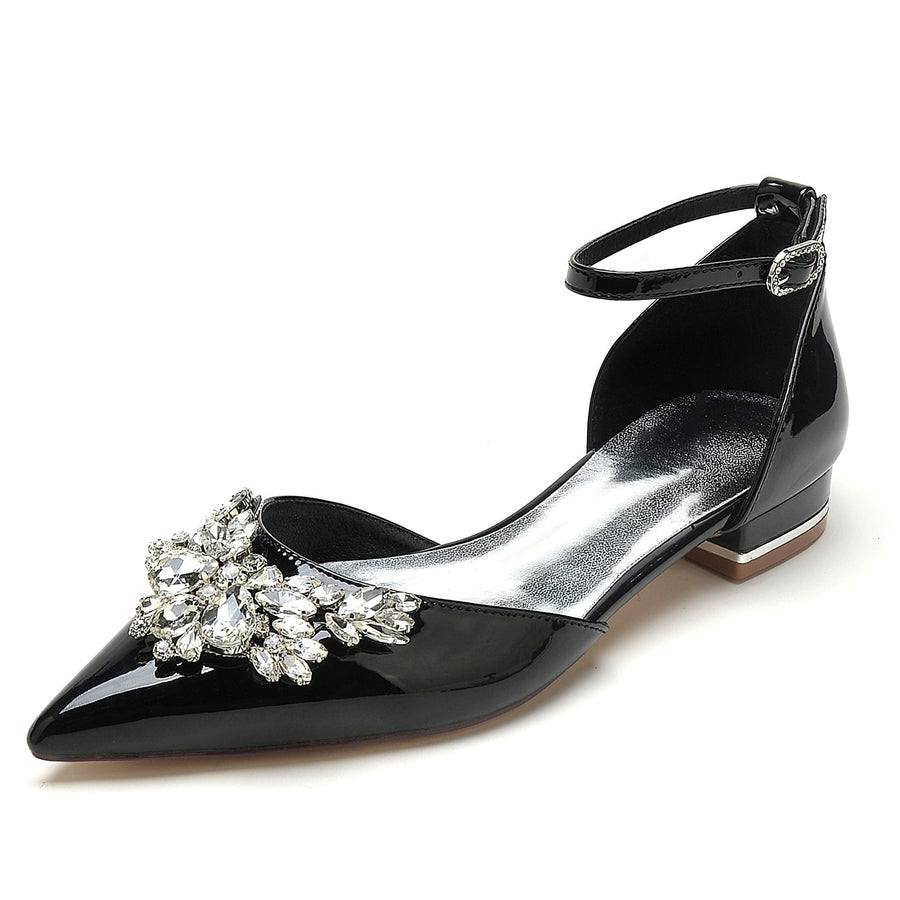 Damen Lackleder Spiegel Finish Mit Knöchelriemen Strass Geschlossene Zehen Flache Ferse Brautschuhe